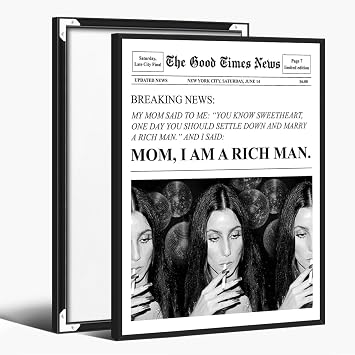 Trendy Newspaper Wall Art Black and White Canvas Prints Funky Feminist Posters Mom I Am a Rich man Painting Vintage Girl Bar Cart Decor Aesthetic For Dorm Bathroom Decorative 8x12inch black framed