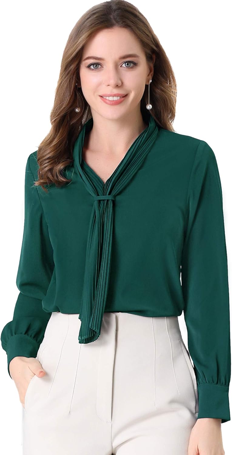 Allegra K Women's Dressy Long Sleeve Blouses Chiffon Pleated Tie Neck Office Top Shirt