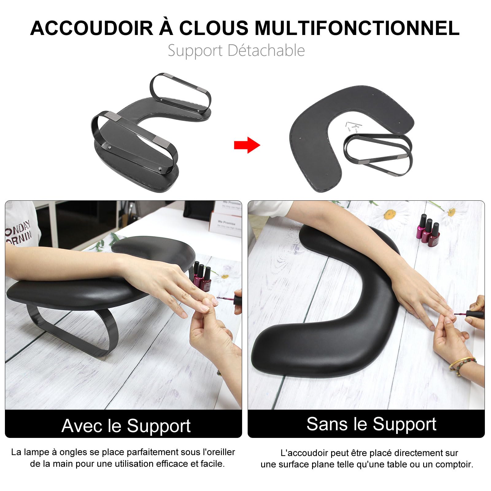 Nagelauflage, ergonomische Handauflage in U-Form, Manikürekissen aus PU-Leder, Nagelkissen mit Halterung aus Edelstahl, für Nagelstudios (schwarz)