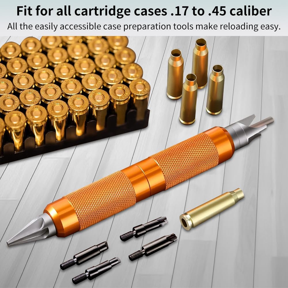 Ludex Case Prep Multi-Tool for Case Trimmer, Crafting Case Pocket Cleaner, Reamer and Chamfer Deburring Tools -Reloading Tool for .17 to .45 Caliber (orange color)