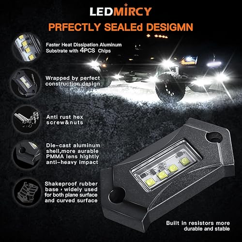 Miniatura 3 de LEDMIRCY R3 - Kit de luces de roca blanca pura con interruptor Roker, arnés de cable, 12 luces LED de roca blancas para Jeep, todoterreno, camiones,
