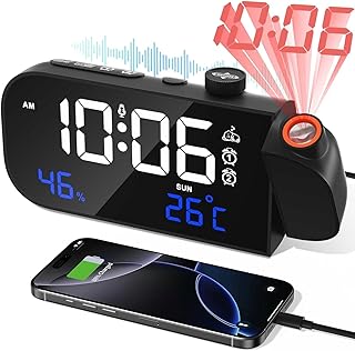 MOSUO Radio Reloj Despertador Digital con Proyector, Reloj Proyector Techo Inteligente, con Temperatura Interior, Humedad, Ajustables Brillo y Volumen, Sonido Inteligente Activación, 7 Música