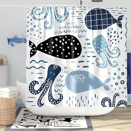 Miniatura 2 de DESIHOM Juego de cortinas de ducha de ballena azul, divertidas cortinas de ducha de dibujos animados de océano para baño, decoración de baño para