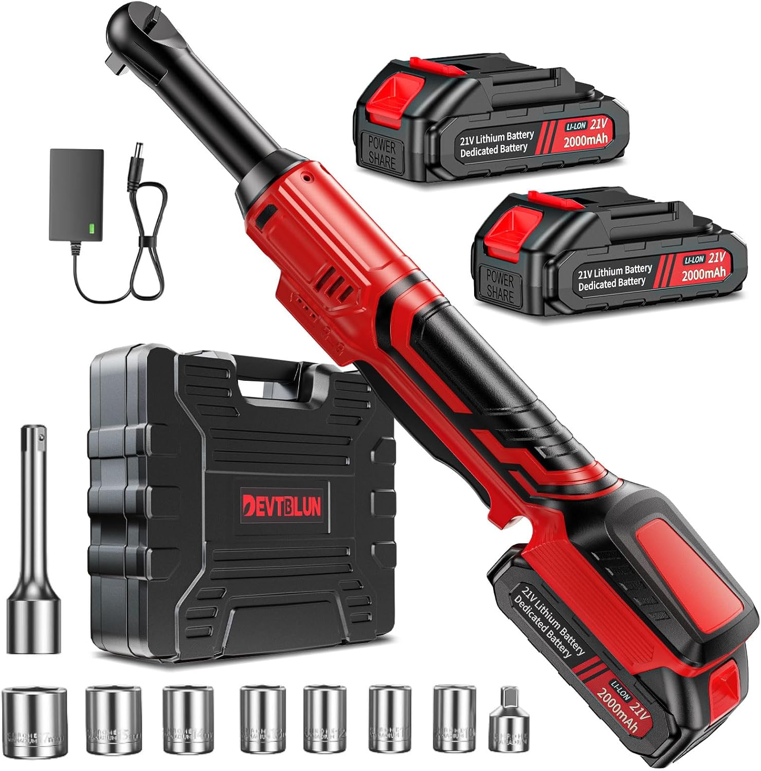 21V Electric Ratchet Wrench Set,60FT-LBS (80N.m) Extended Cordless Ratchet Wrench with 2x 2.0Ah Battery,3/8" 400 RPM Variable Speed Power Ratchet Driver Set with 7 Sockets,1/4 Adaptor, 3"Extension Bar