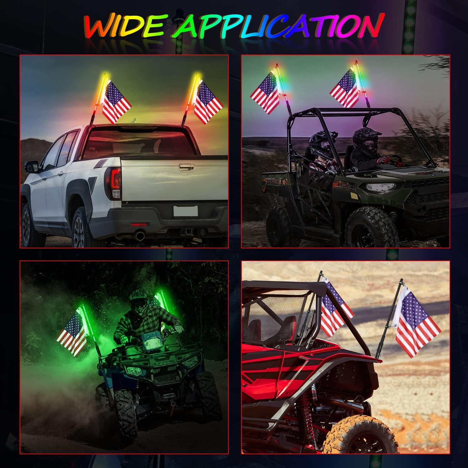 Niwaker 2Pcs 2ft Smoked Black LED Whip Lights with 8 Pods RGB Rock Light Kits