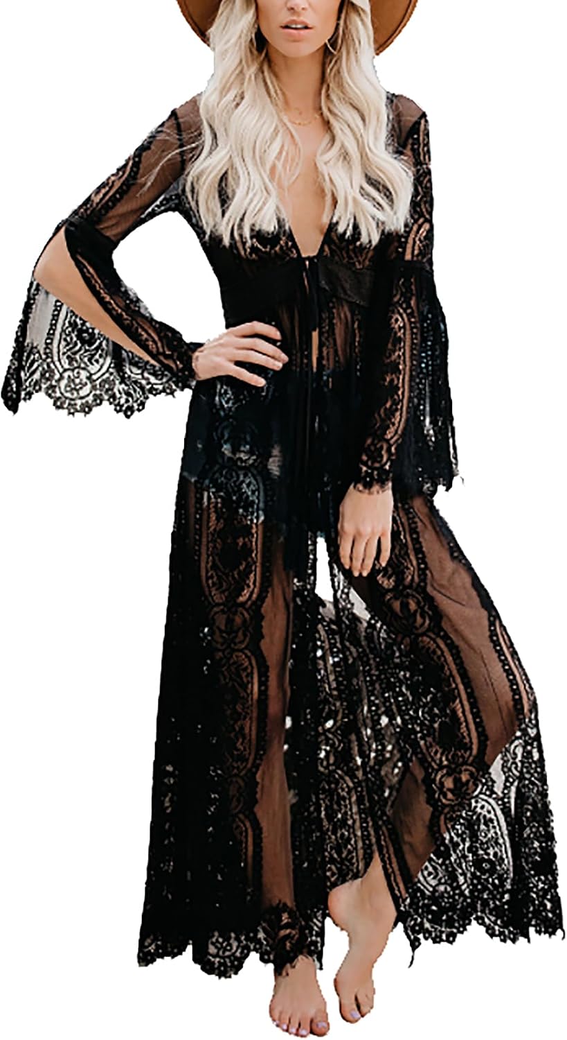 Bsubseach Black Lace Beach Cover Ups for Women See Through Bikini Kimono Swimsuit Cover Up Swimwear