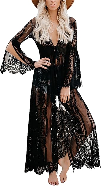 Bsubseach Black Lace Beach Cover Ups for Women See Through Bikini Kimono Swimsuit Cover Up Swimwear