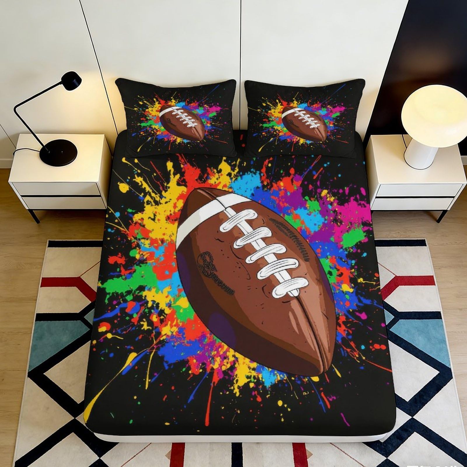 3D Printed American Football Splash Fitted Sheet Microfiber Soft Breathable Colorful Bed Cover for Bedroom Dormitory Guest Room Mattress Protection 160x200x25cm
