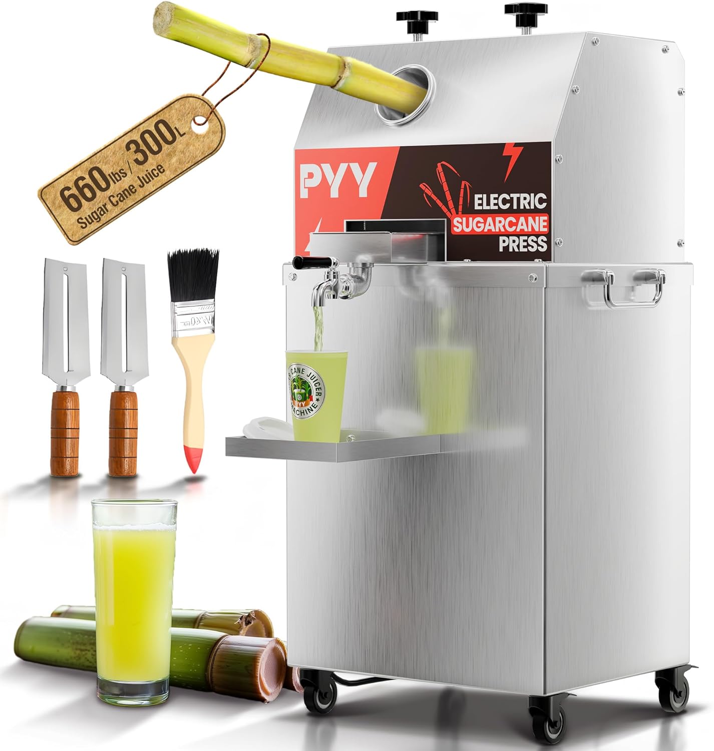 PYY Commercial Sugar Cane Juicer Machine - Electric 3-Roller Sugarcane Juice Press Stainless Steel Extractor on Wheels, Sugarcane Machine with Cleaning Brush, 2 Peelers,Straws and Cups, 800W 110V