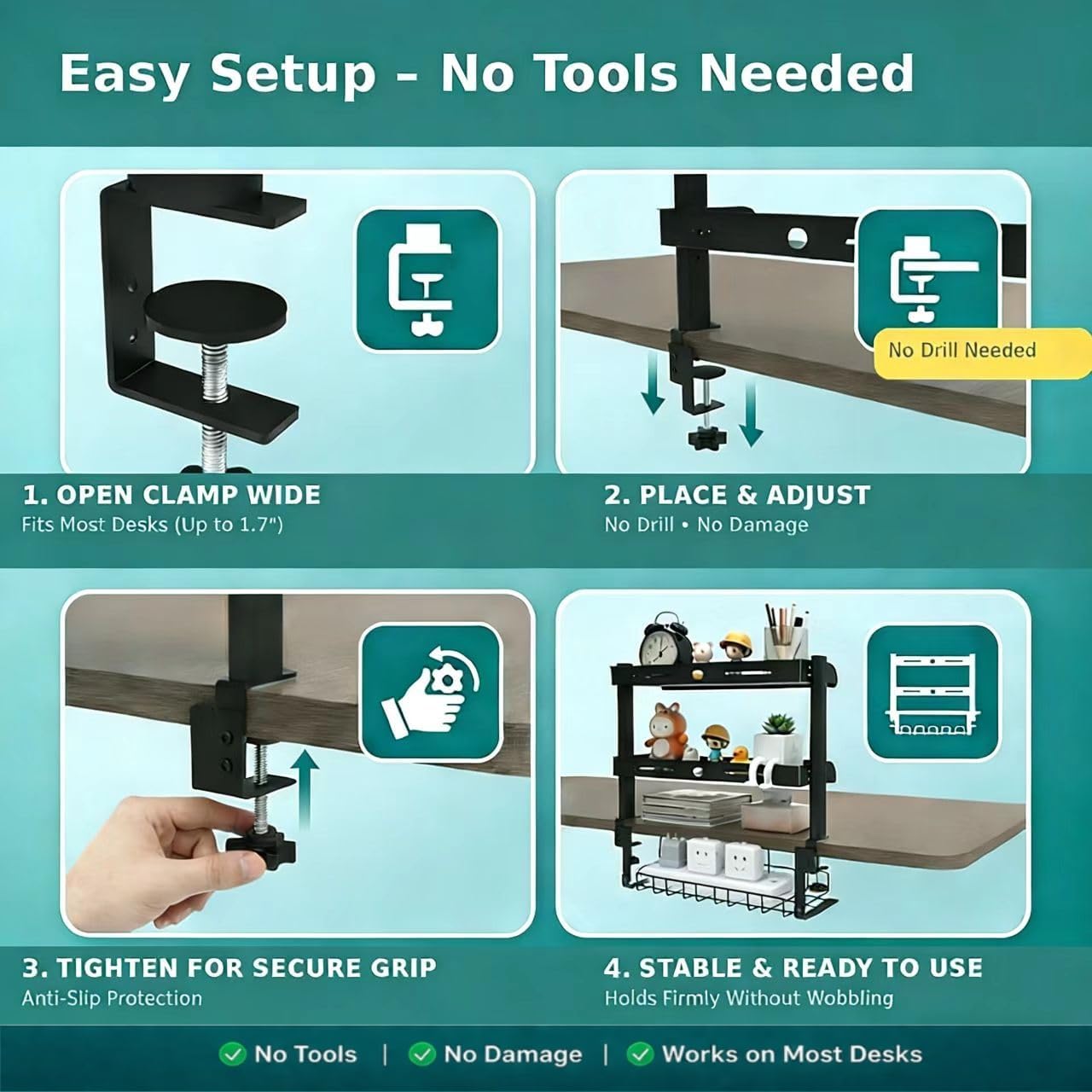 Clamp On Desk Shelves Organizer, Adjustable 2-Tier Desk Storage Rack with Large Trays, Phone Stand & Headphone Hook, No-Drill Setup for Office & Gaming Desks