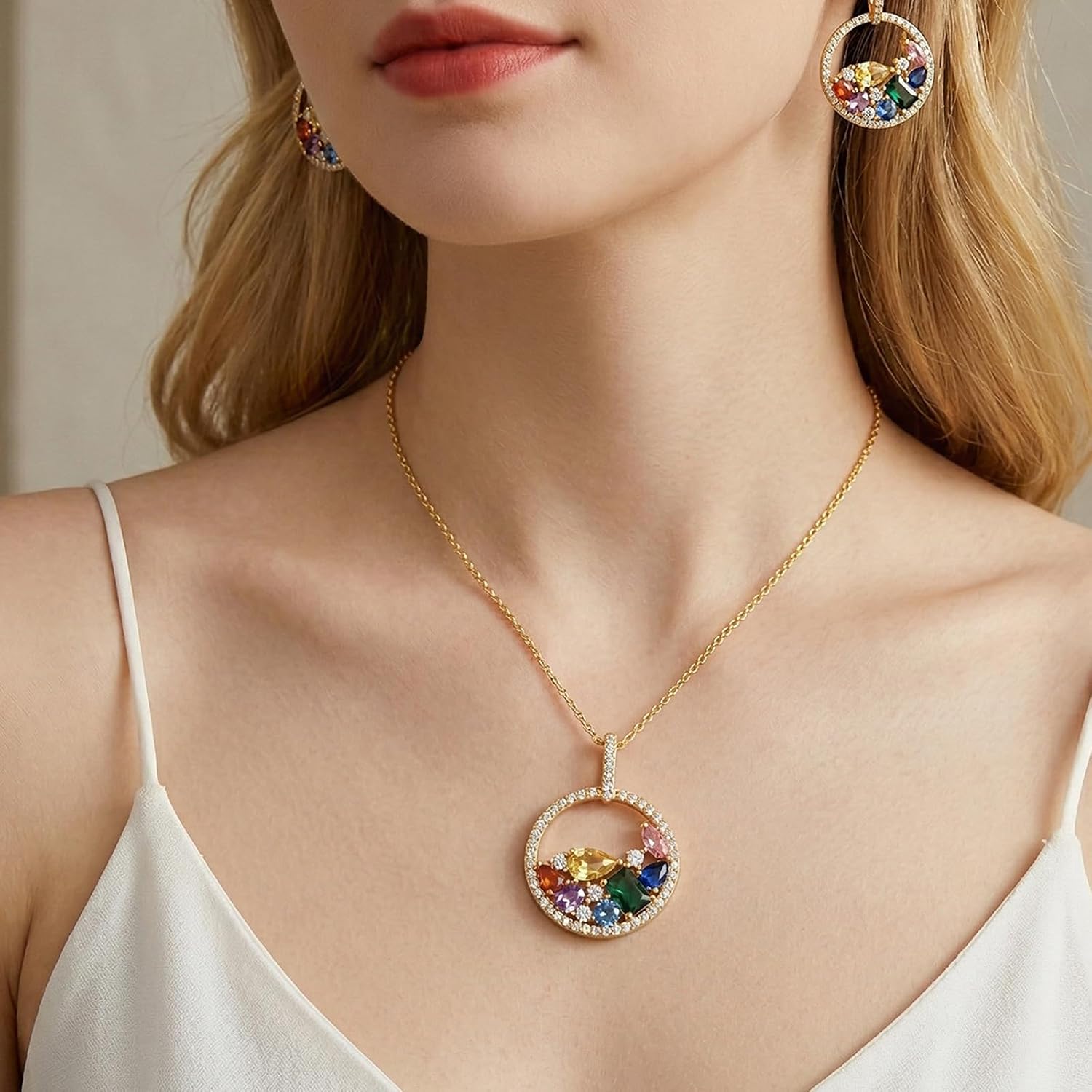 Christmas Jewelry Set for Women, 14K Gold Plated Colorful Cubic Zirconia Necklace and Earrings Set with 925 Sterling Silver Posts, Red Green Holiday Jewelry Gift for Her