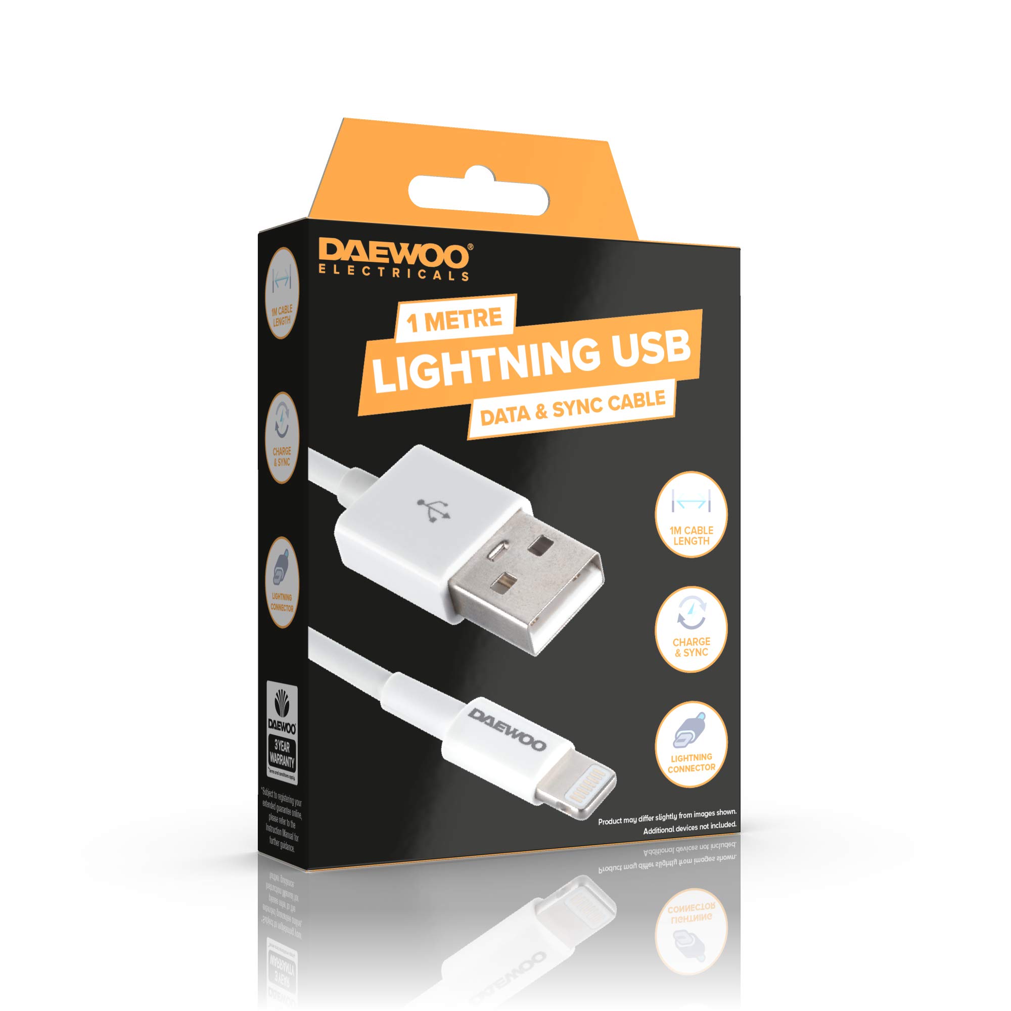 Daewoo 1 Metre USB to 8-Pin Lighting Charge Cable for Date & Sync Connection, Power Level 5V 1A, Use with Compatible Adaptor, USB- 8 Pin Lighting