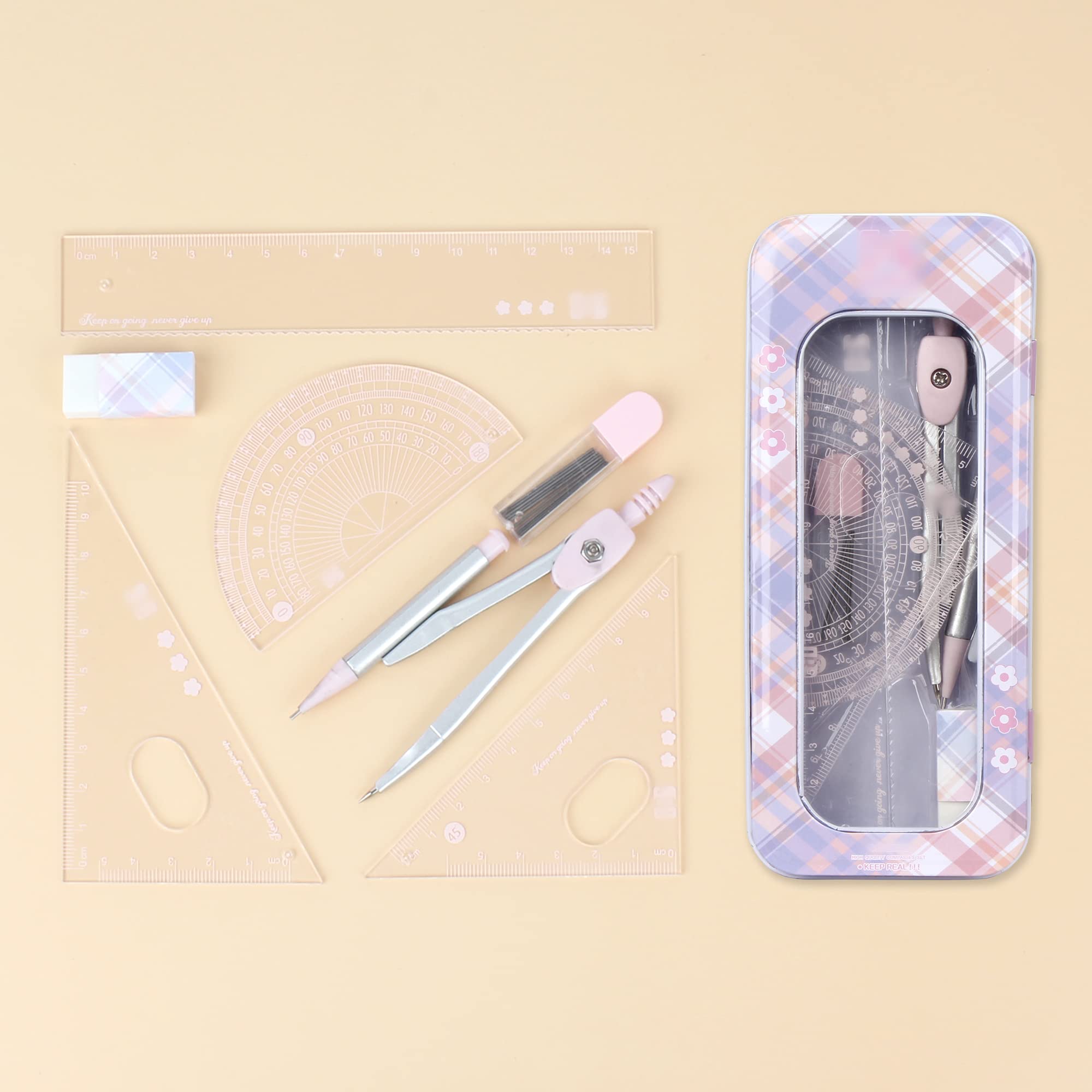 Millya 8PCS Students Compass Set including Protractor Rulers Math Geometry Drawing Set School Supplies (F-Pink) - Image 4