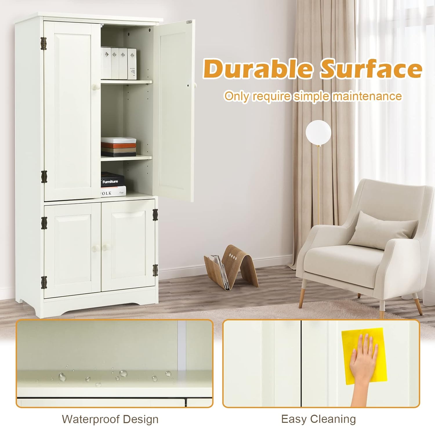 DORTALA Accent Floor Storage Cabinet Adjustable Shelves Antique 2-Door Low Floor Cabinet Pantry, Cream White