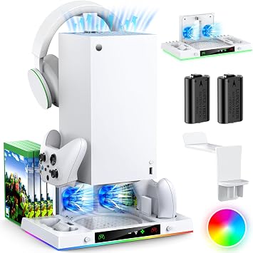 Upgrade Cooling Fan&Dual Charging Stand for Xbox Series X Console&Controller,Cooler Charger Station System for XSX with 15 RGB Light, 2x1400mAh Rechargeable Battery,Disc Accessories Storage White