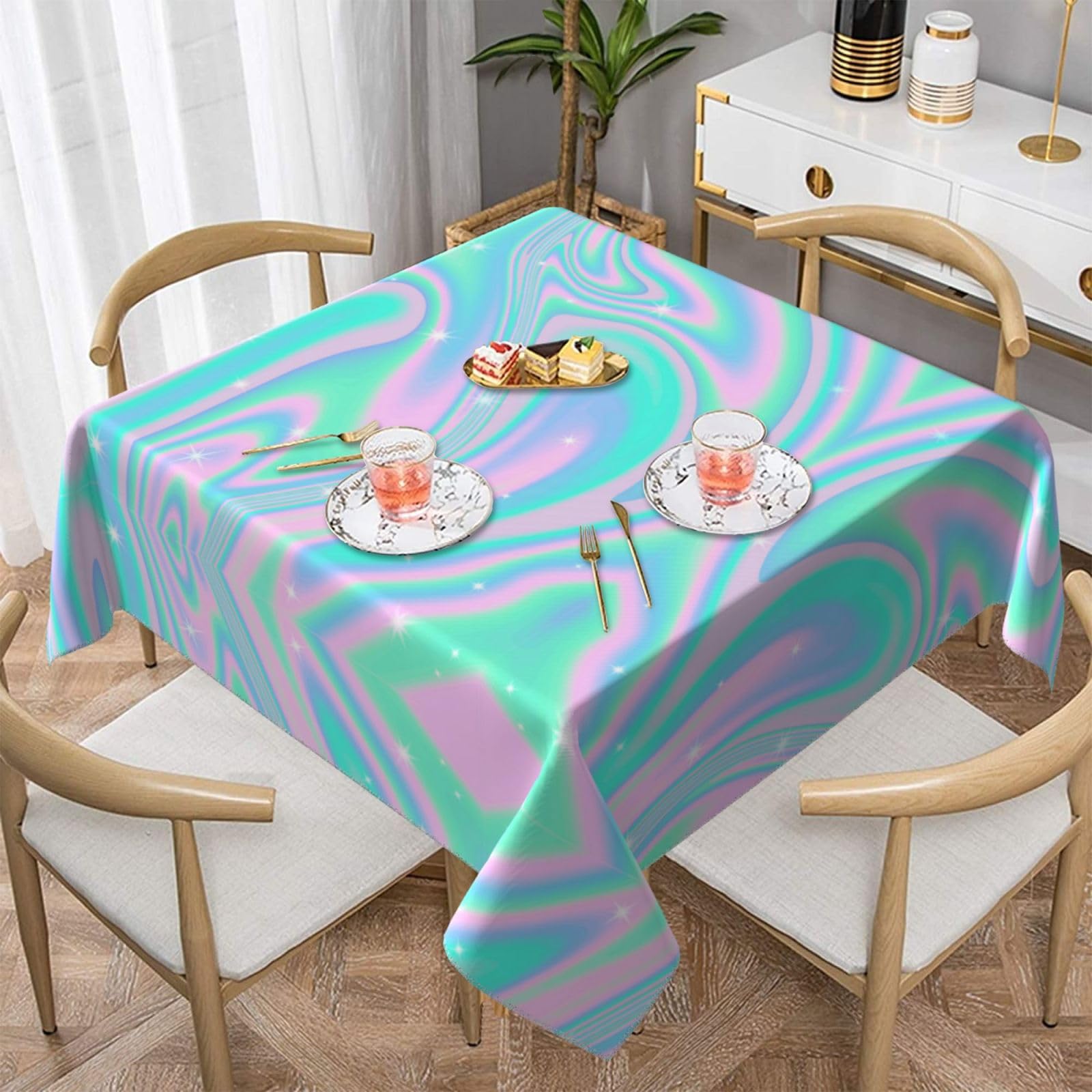 Czqdp Holographic Abstract Background In Pastel Neon,Polyester Square Table Cover,Dust-Proof Tabletop Wrinkle Resistant Table Cover Tablecloth - 55 Inch
