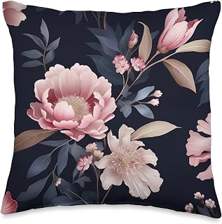 Blush Pink and Navy Blue Flower Pattern Elegant Floral Throw Pillow