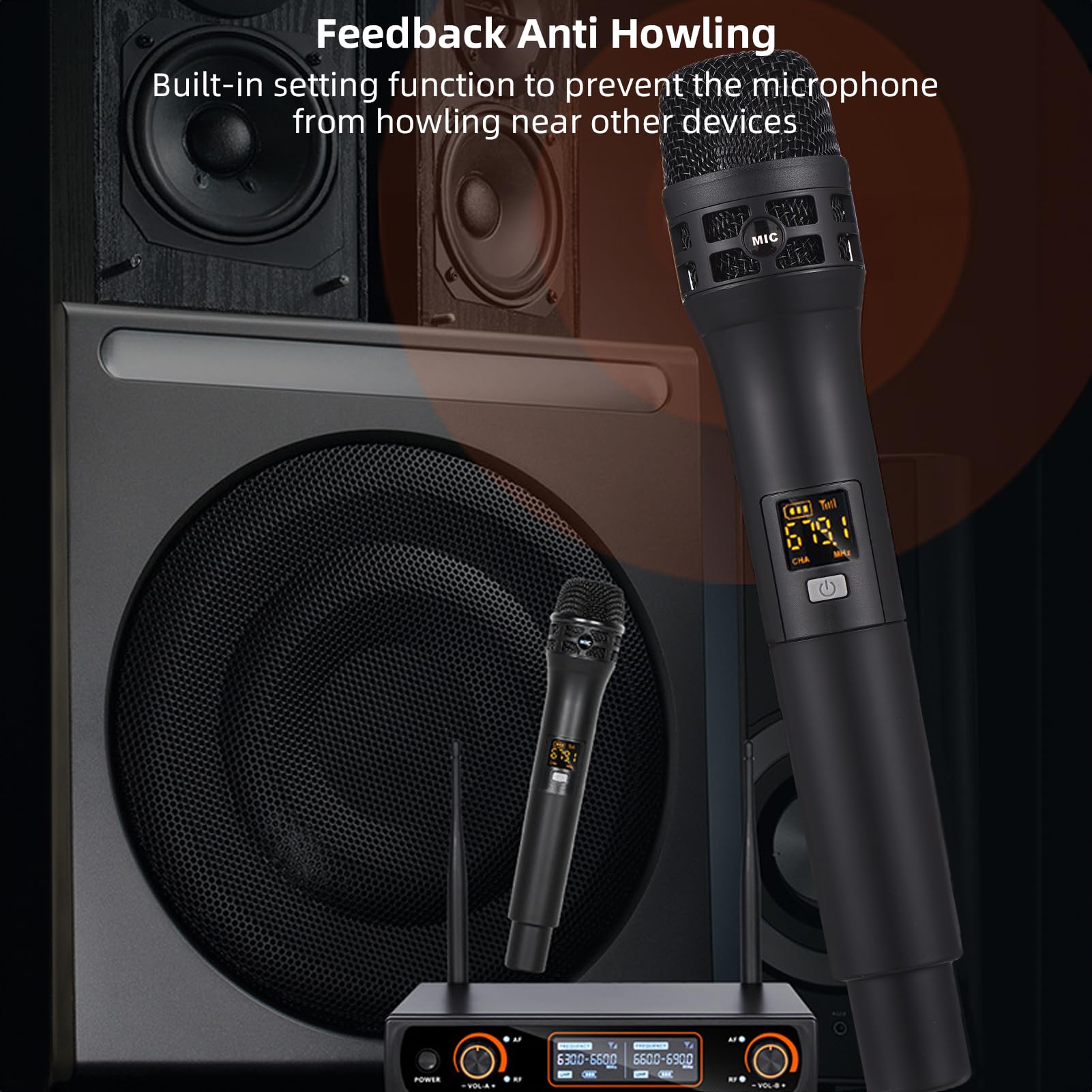 Jemora microfonico portatile wireless UHF professionale a 16 canali 2 microfoni 1 ricevitore Cavo audio da 6,35 mm Display LCD Microfono e ricevitore cardioide 16 canali per Karaoke Feste in