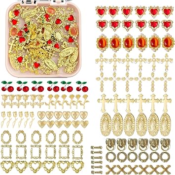 120PCS Gold Nail Charms, 3D Cross Nail Art Jewelry Set with Cross, Rose, Hearts, Cherry, Flowers, Virgin Mary Nail Studs, Crystal Rhinestone, Metal Nail Gems Luxury Nail Decoration for Craft DIY