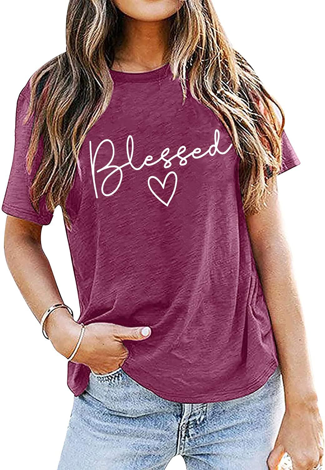 Blessed T-Shirt for Women Cute Heart Graphic Letter Print Sayings Shirts Casual Short Sleeve Thankful Tee Tops - Image 5