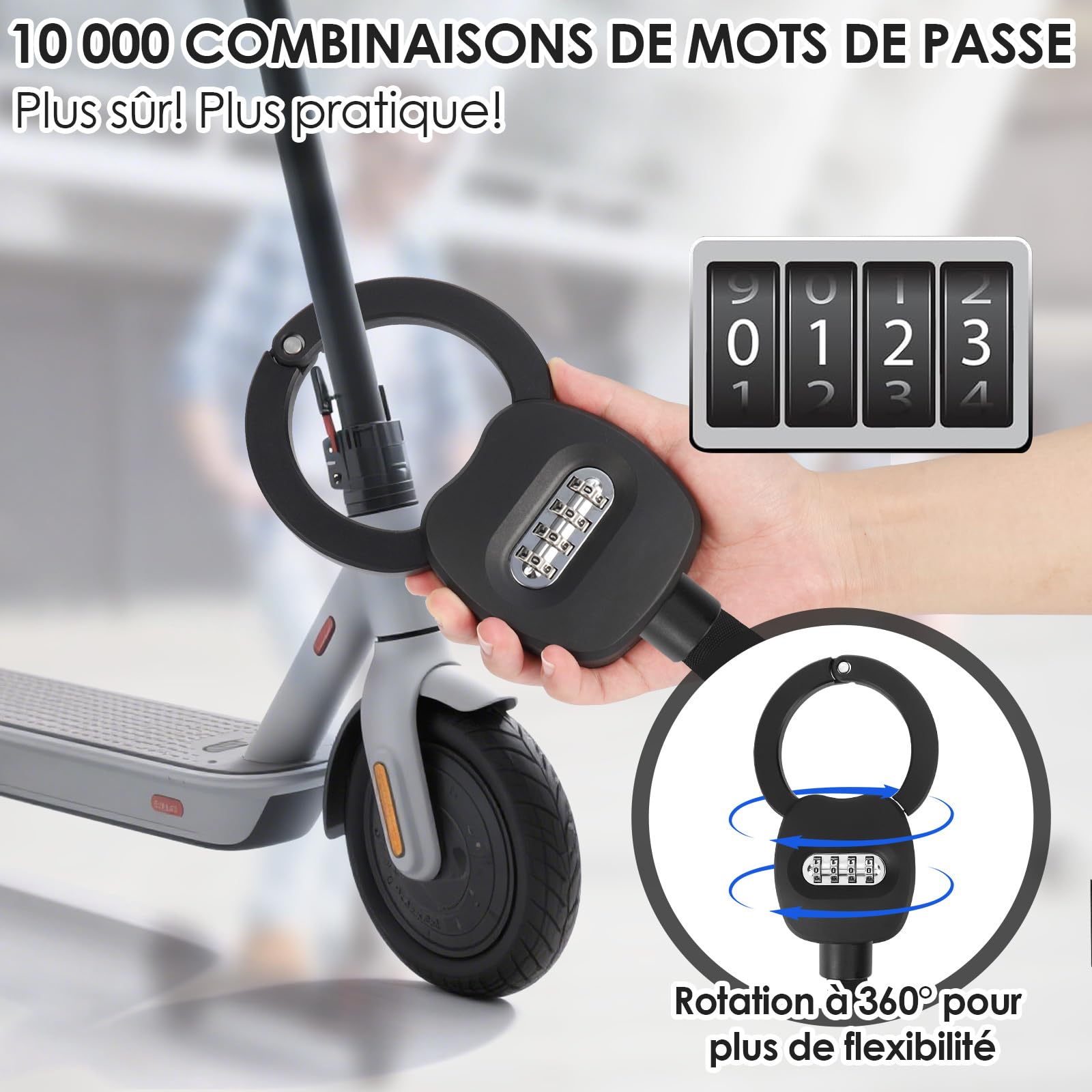 Antivol Trotinette Electrique, Cadenas avec Serrure à Code à 4 Chiffres, Compatible avec Trottinettes, Vélos, Poussettes, Bicyclette, Noir