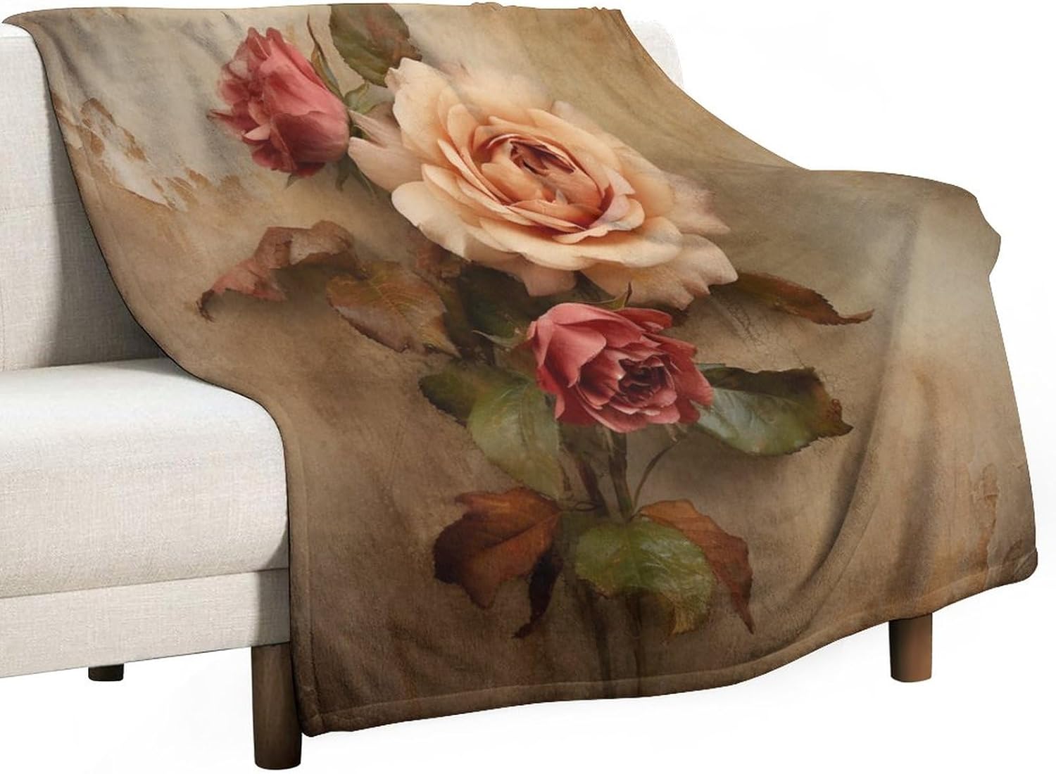 Blanket Rustic Rose, Antique Floral Design Bed Throw Blanket Retro Flower Peony Rose Soft Cozy Microfiber Throw Blanket for Bed Couch Car Birthday Gift 50"x60" Luxurious Warm and Cozy for All Season