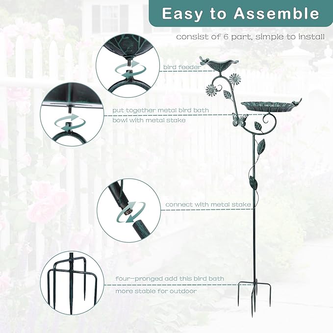 Made from durable metal, this birdbath is built to withstand outdoor conditions and provide long-lasting beauty and enjoyment. The intricate design and detailing of the bird bath make it a visually appealing addition to any outdoor setting, while the height of the birdbath makes it easily visible and accessible to birds of all sizes. Whether you are a bird enthusiast looking to attract more feathered friends to your yard or simply want to enhance the aesthetic appeal of your outdoor space, the MUMTOP Bird Bath for Outdoors is a versatile and elegant choice for any home or garden. Description by ChatGPT.