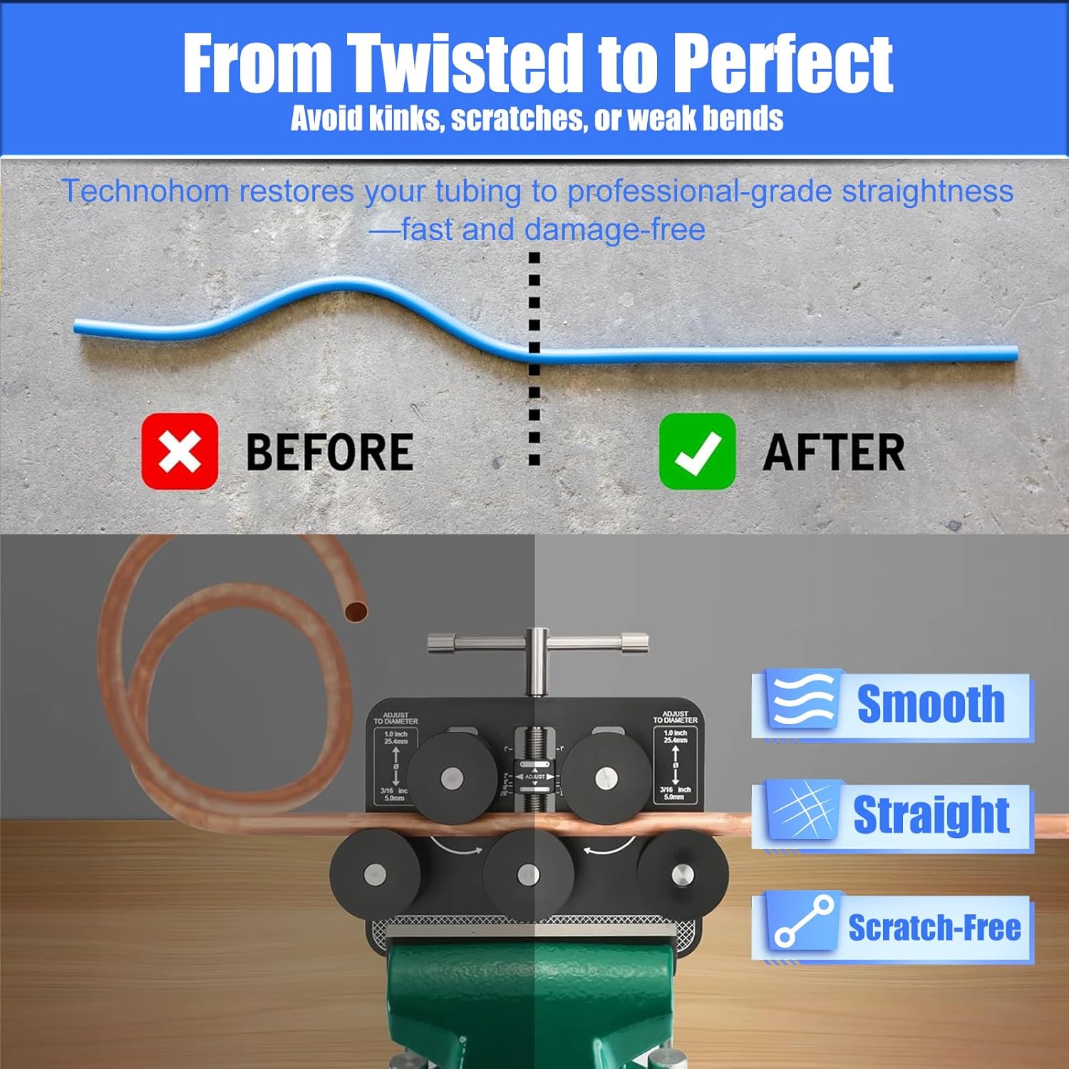 Tubing Straightener Tool – Portable Brake Line Straightening Tool for Copper, Aluminum, and Steel Pipes – Compact Wire Bender & Tube Bender with Anti-Scratch Rollers