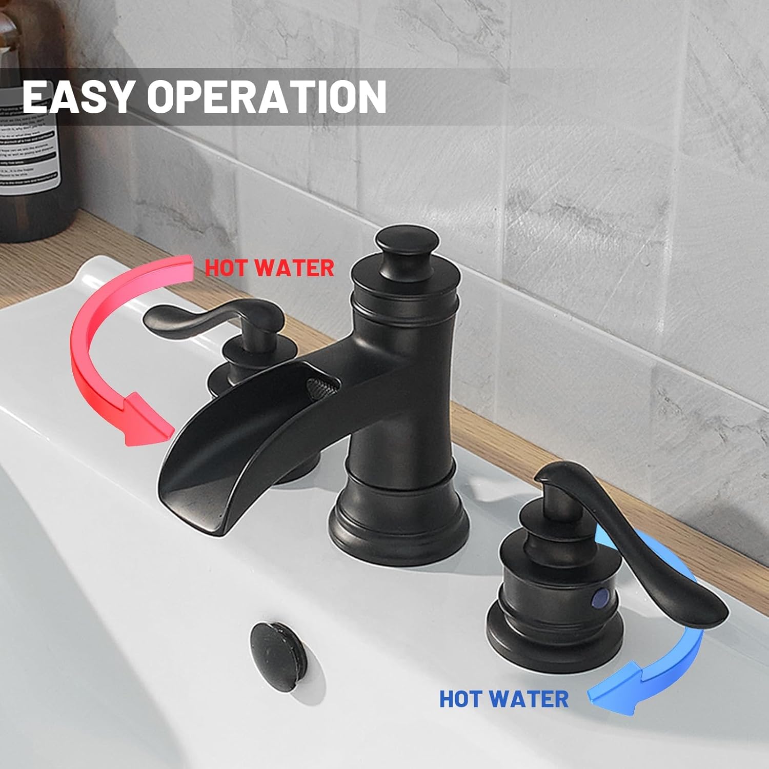 8 inch Widespread Bathroom Faucet 3 Hole 2 Handle Black Farmhouse Waterfall Bathroom Sink Faucet with Pop Up Drain Sink Vanity Basin Mixer Tap with Overflow Lavatory Supply Line by Homevacious