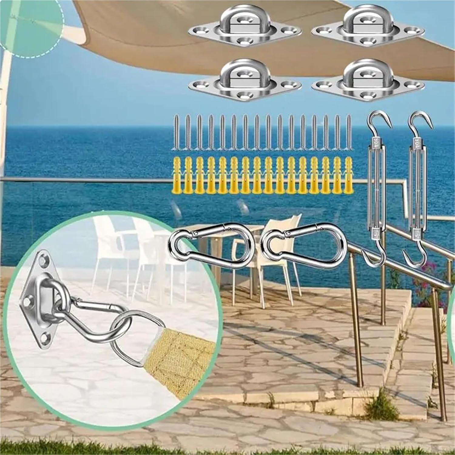 Shade Sail Hardware Kit Sun Shade Sail Hardware Rectangle Outdoor Shade Sail Mounting Hardware Heavy Duty Sun Canopy Installation Kit for Sail Tensioning(6mm)