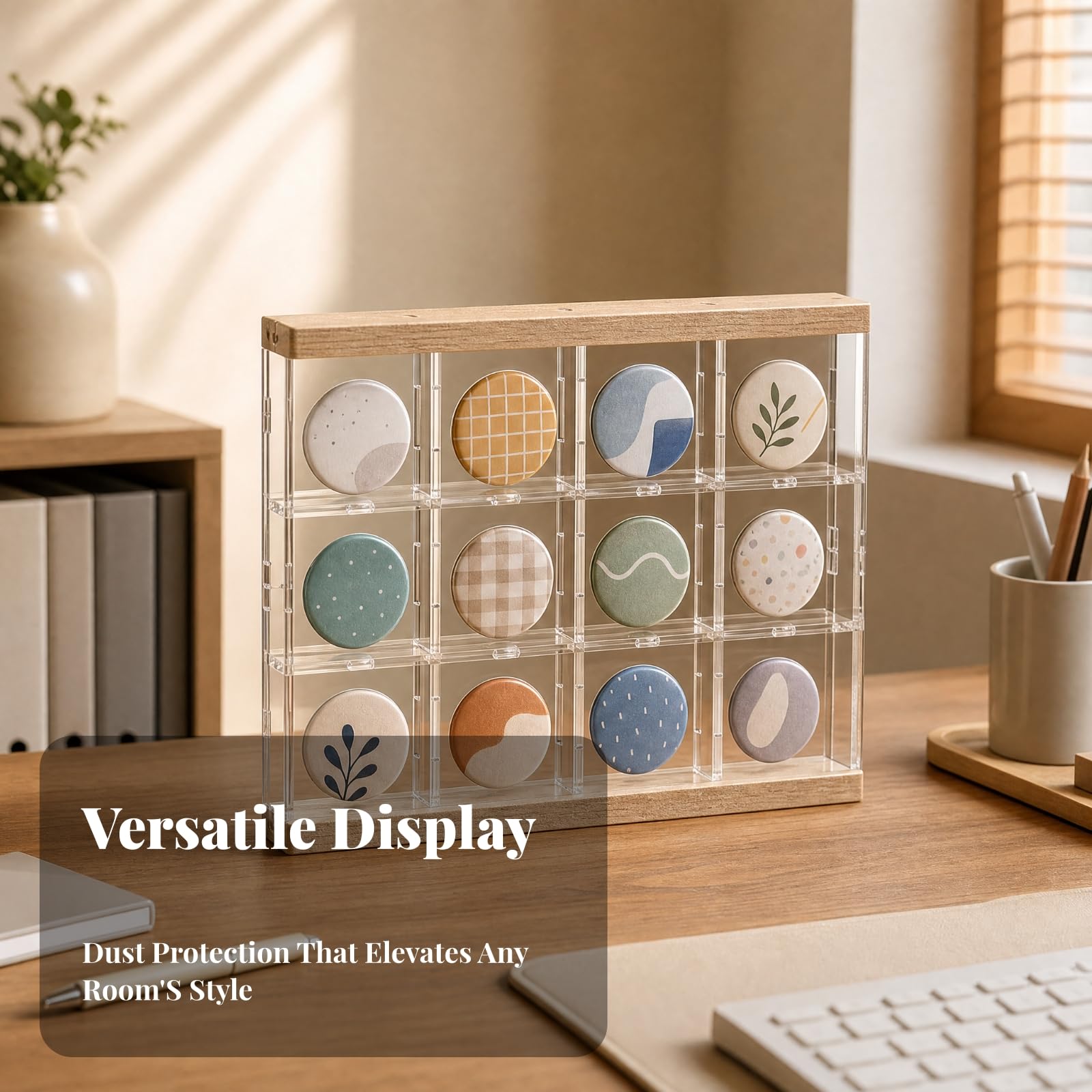 Wandmontage-Display mit Holzoptik wandmontiert Setzkasten wandmontierbar Sammlervitrine für Sammler, Wanddekoration, 66x66mm, 24 Schlitze