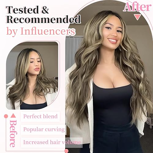 Miniatura 6 de KooKaStyle Extensiones de cabello sintético con clip, largo, ondulado, grueso, de fibra de doble trama, color castaño medio, rubio ceniza,