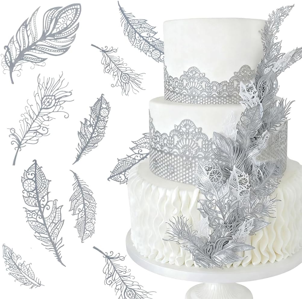 Feather Edible Cake Lace for Cupcake Topper Decoration 10-piece Set Gold