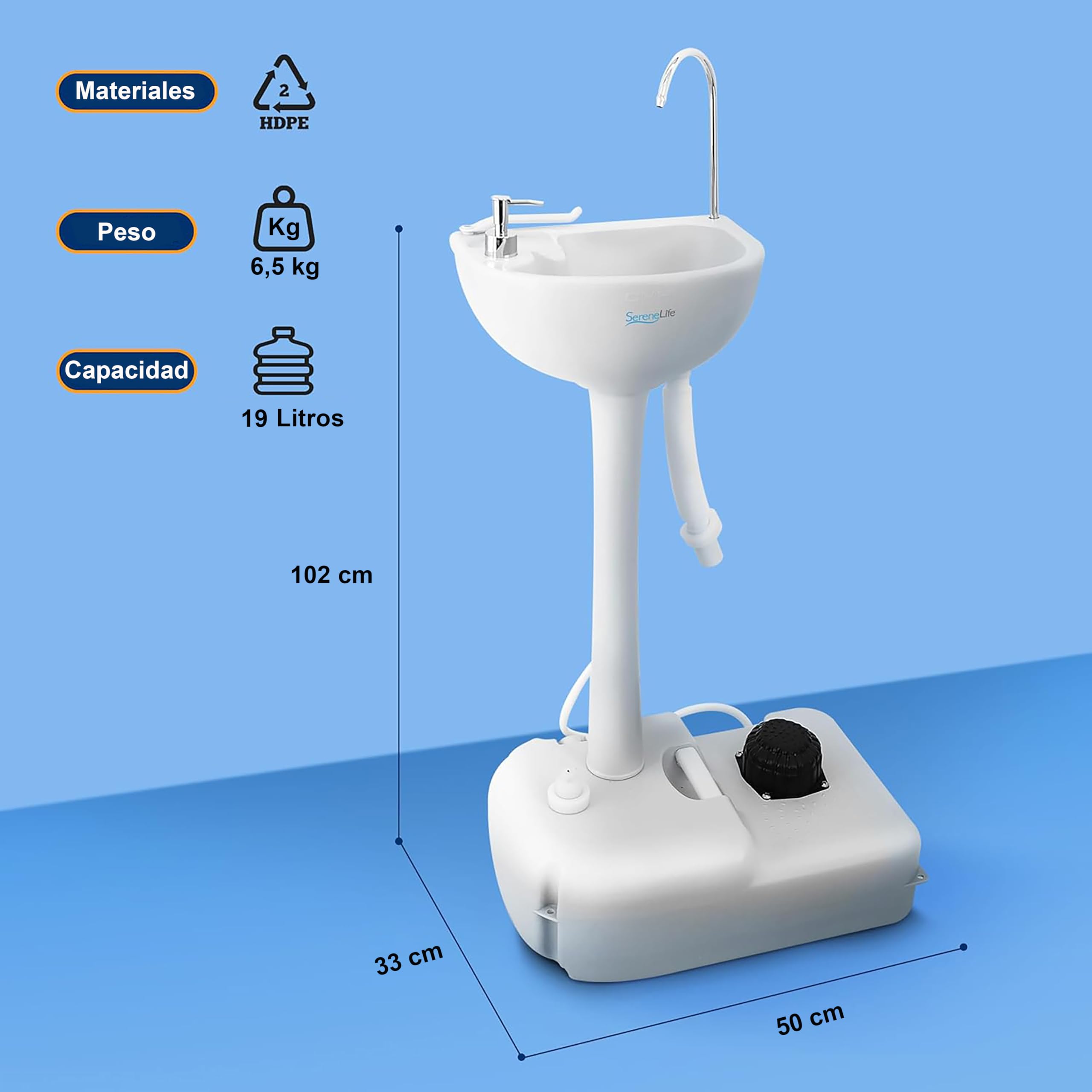 SereneLife lavamanos portatil, Lavabo, Camping, Fregadero, Dispensador de jabon, Porta toallas, Exteriores, Actividades al aire libre, Tanque de agua, Ruedas