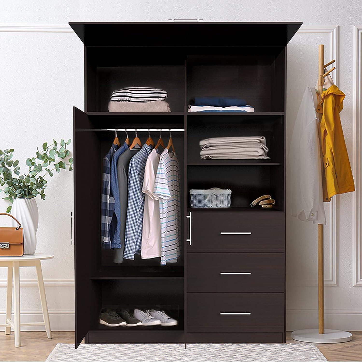 Furnilife Wardrobe 3 Doors 3 Drawers, Chocolate Brown Color