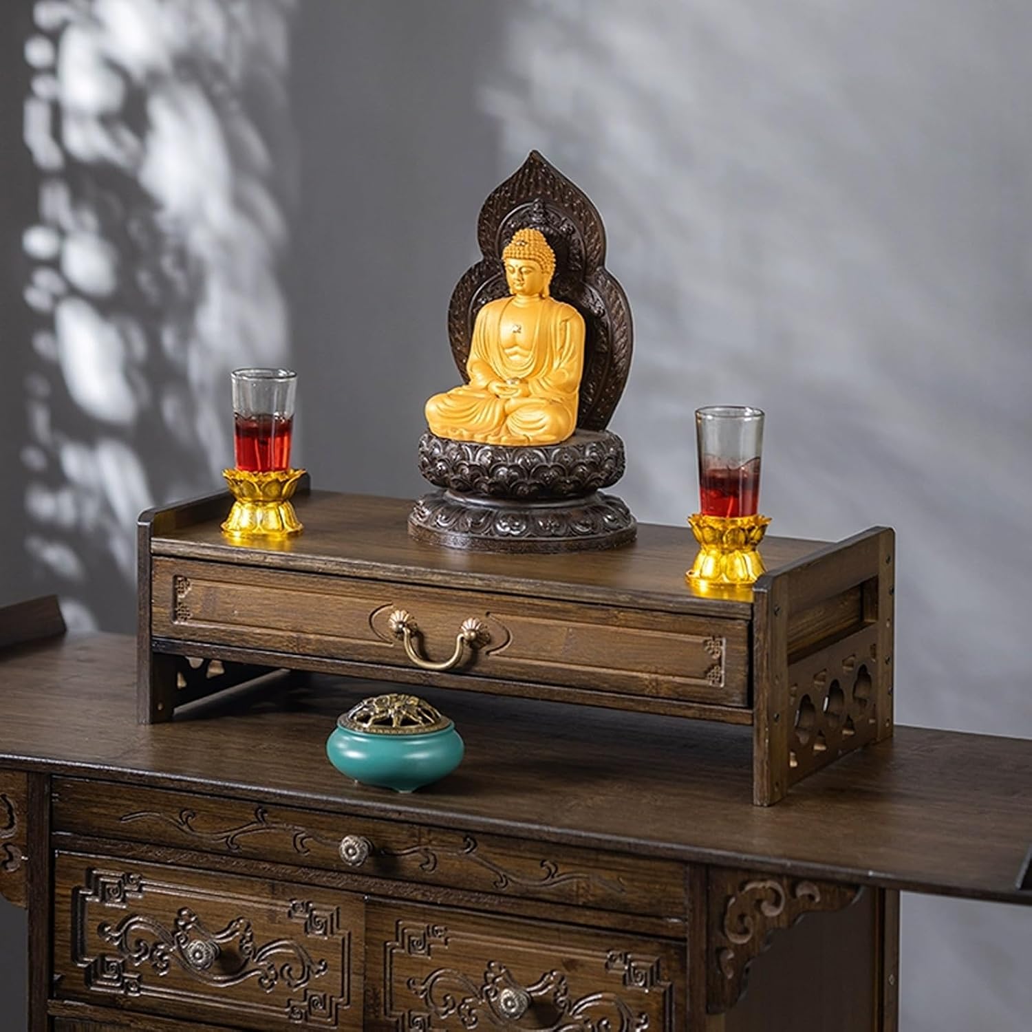 Vintage Buddhist Altar Shelf for desktops, Buddha Statues Shelf with Drawers, Hand-Carved Altar Table, sacrificial Meditation Shrine, for Churches, shrines, Temples, Homes.