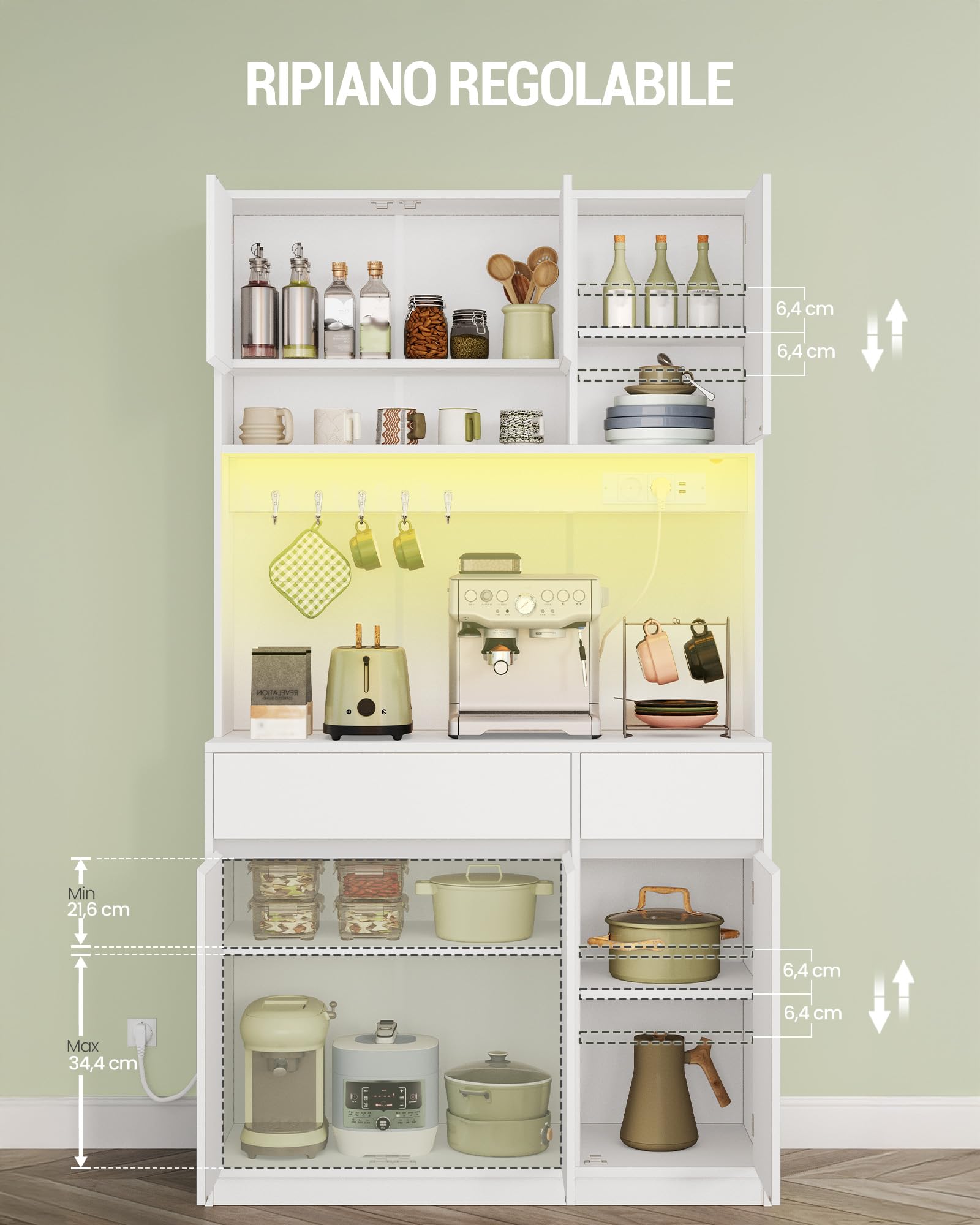 Hzuaneri Credenza Cucina Alta, Credenza Soggiorno, con Multipresa e Striscia Luminosa a LED, Ampia Superficie di Lavoro, Ripiani Regolabili, Cucina, Soggiorno, 40 x 100 x 180 cm, Bianco PT00203XEU