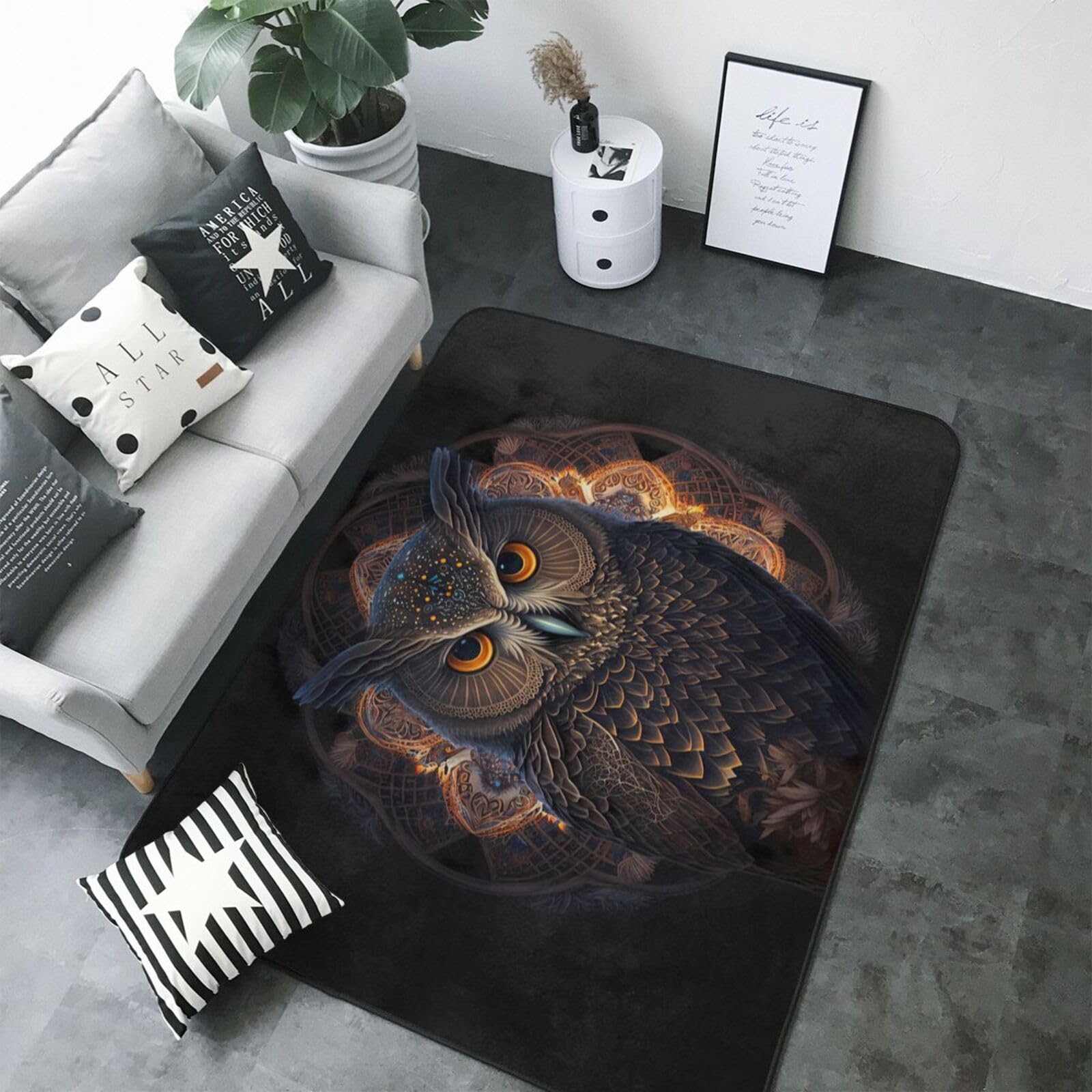 Tapis de salon lavable marron à motif chouette 147x203 cm