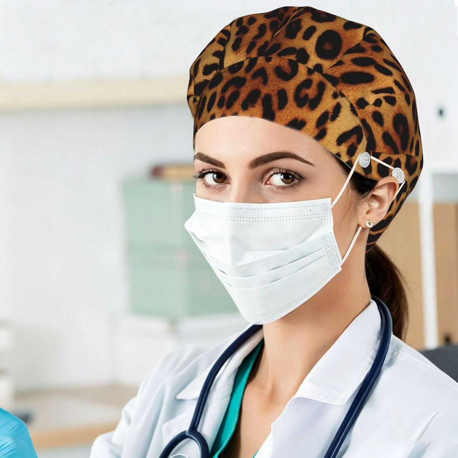 Leopard Print Bouffant Cap with Buttons, Sweatband Cap Black