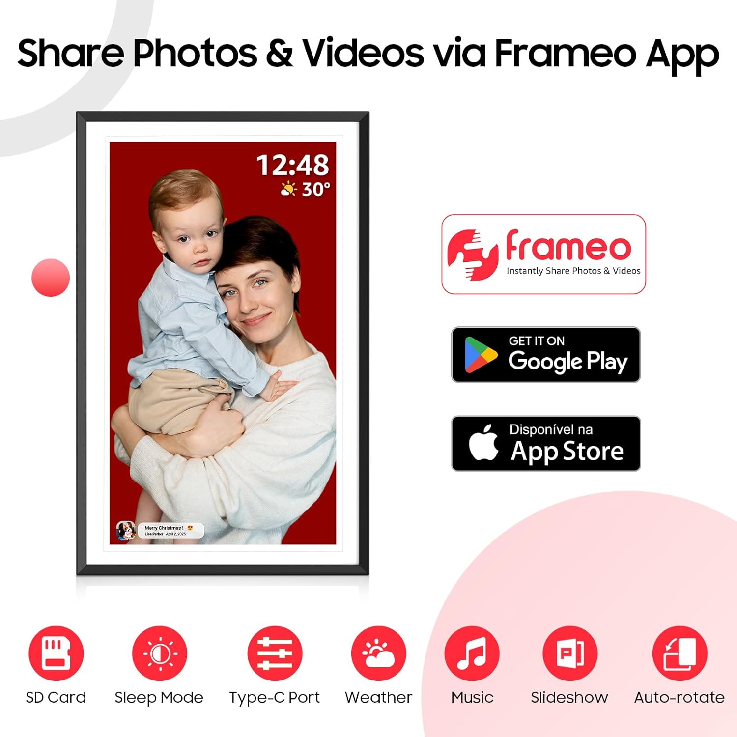 Digital picture frame showing icons for SD Card, Sleep Mode, Type-C Port, Weather, Music, Slideshow, and Auto-rotate features.