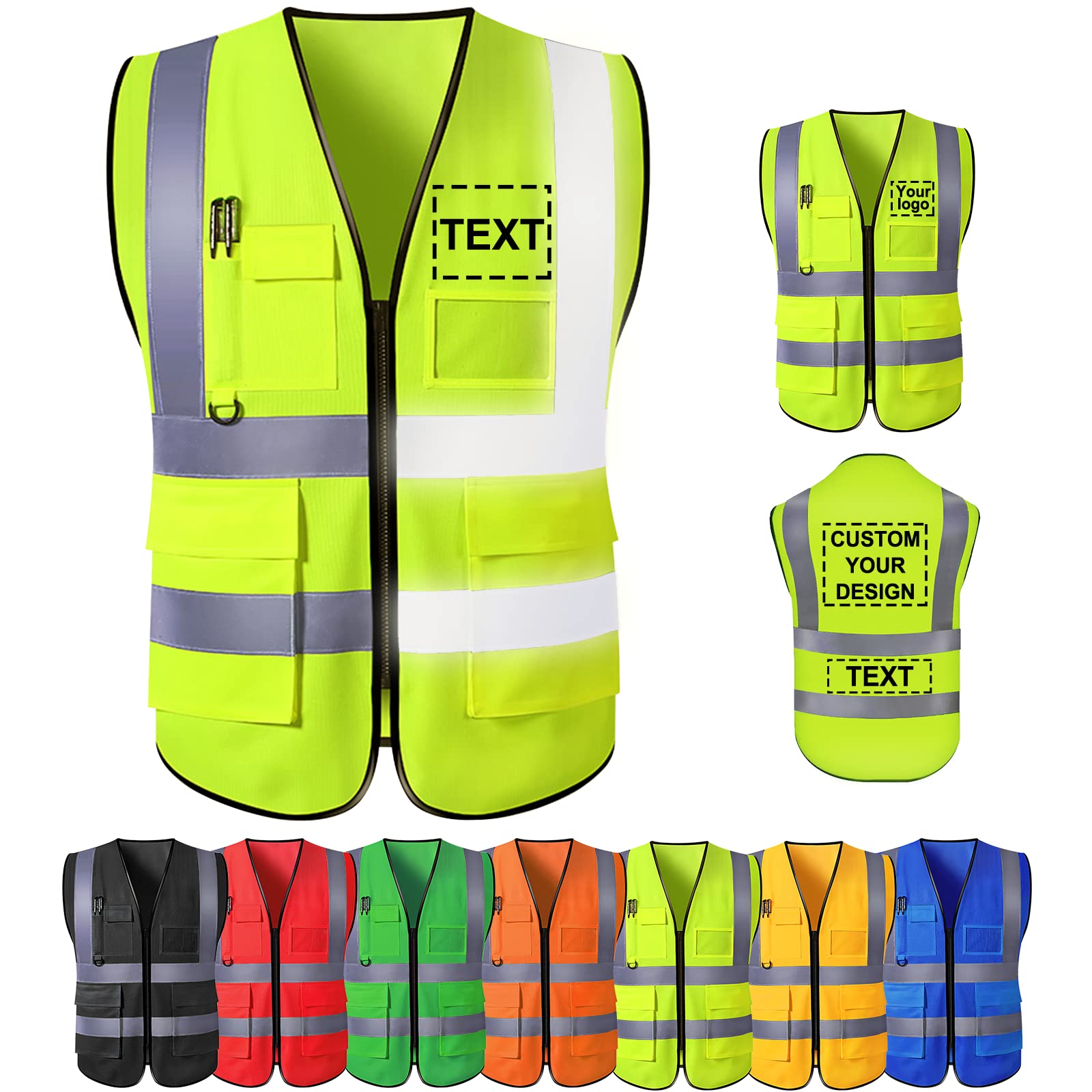 Busparst Custom Safety Vest with Pockets High Visibility Reflective Class 9 Safety Vest Pockets and Zipper Outdoor Protective Workwear
