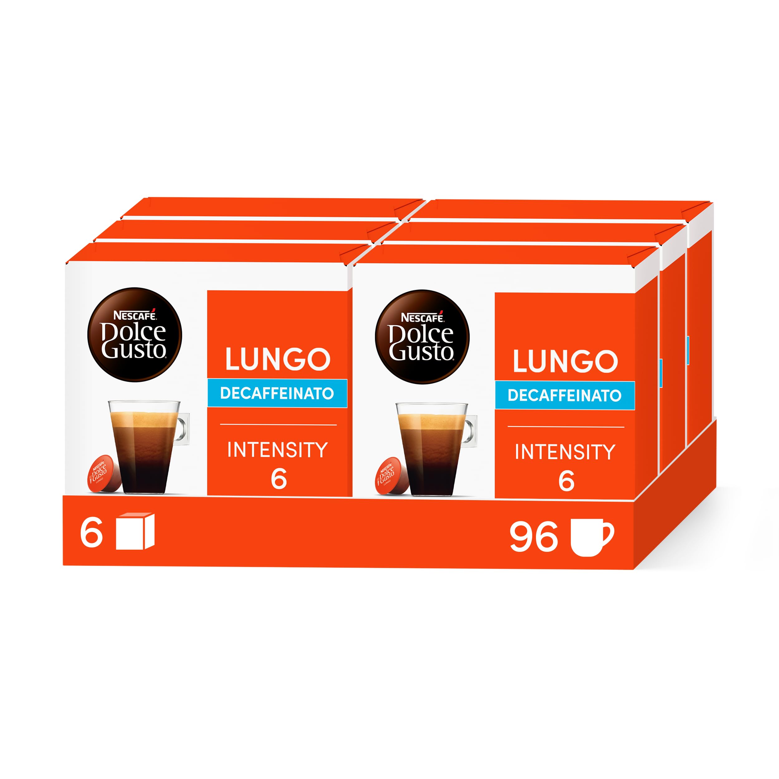 NESCAFÉ DOLCE GUSTO Lungo Decaffeinato Caffè, 6 Confezioni da 16 Capsule (96 Capsule Compatibili Nescafé Dolce Gusto)