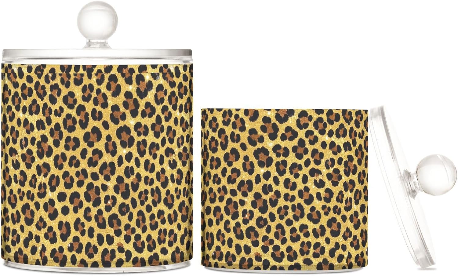 Fake Glitter Leopard Print Gold Clear Plastic storage containers with lid Office Essentials Decorative storage bin for Cotton Swabs,Cotton Pads,Floss Picks,Paper Clips,Hair Clips 2 Pack