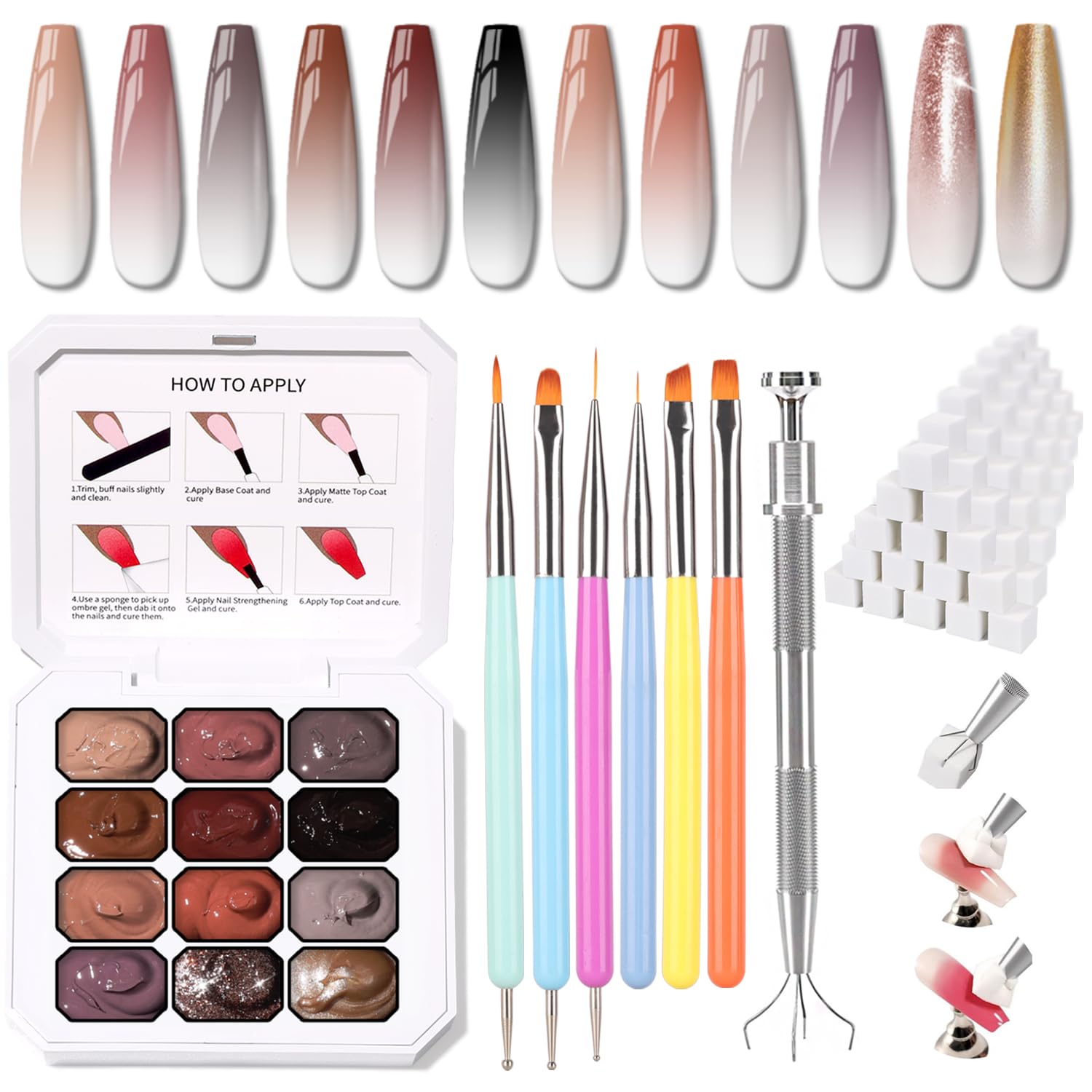 Sponge Pat Gel Nail Polish Palette, 12 Colors Blending Ombre Gel Polish Gradient Painting Nails Art, No Wipe, UV/LED Cured, 100Sponges 6Brushes 1Grabber (Set 03)