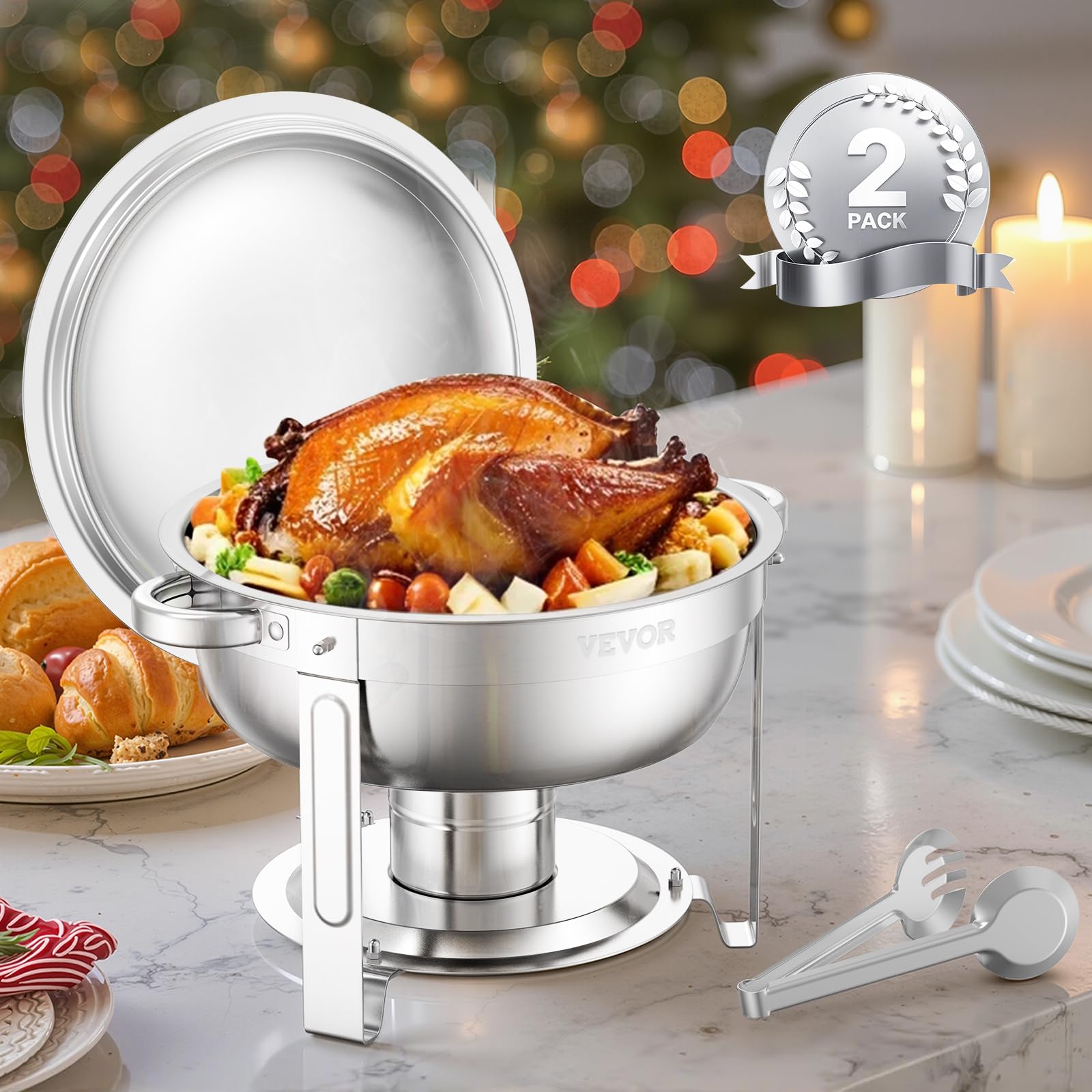 VEVOR Scaldavivande per Spuntino con 2 Padelle Distributore di Calore Rotondo per Ristorazione con Coperchio, Porta Carburante e Vaschetta per l'Acqua per Matrimoni, Feste, Argento 4,7 L