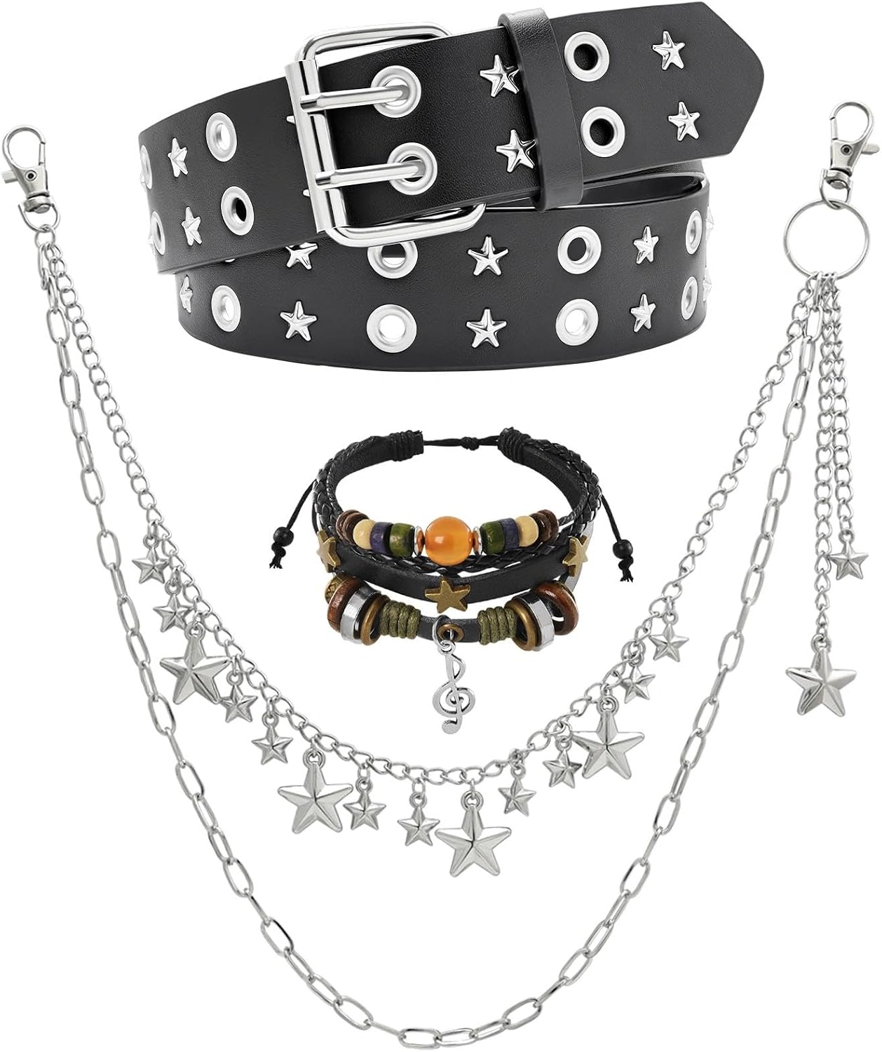 3 Pcs Grunge Y2K Double Grommet Studded Star Belt and Pants Chain with Fairy Grunge Bracelet Goth Punk Rock Outfits