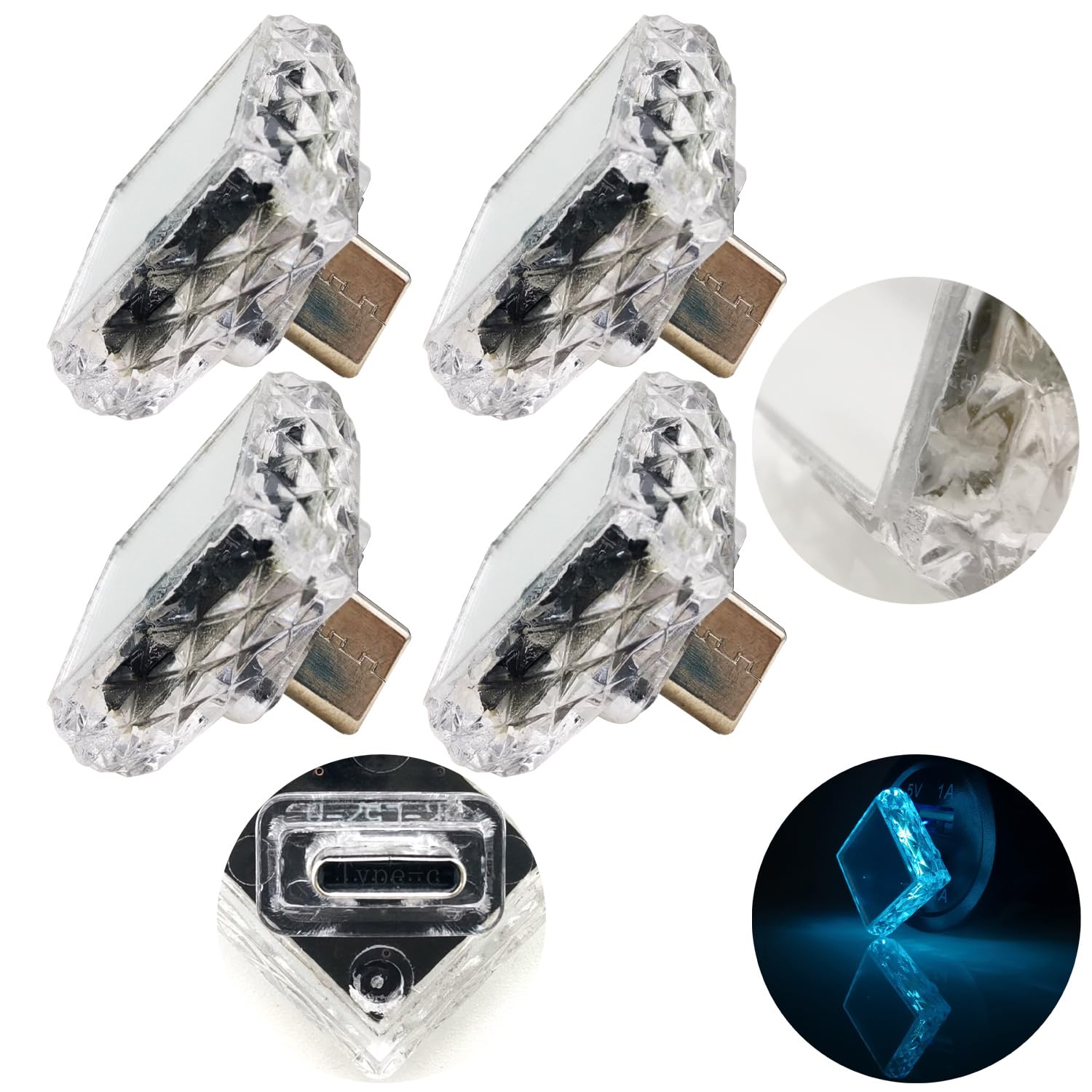 CTRICALVER Mini Night Light Type-C-rhombus (touch) Ice Blue, 5V/1A Small Emergency Light Mini Atmosphere Light, PC Shell, Four-pack, Suitable for Various Type-C Sockets Such as Power bank and Cars