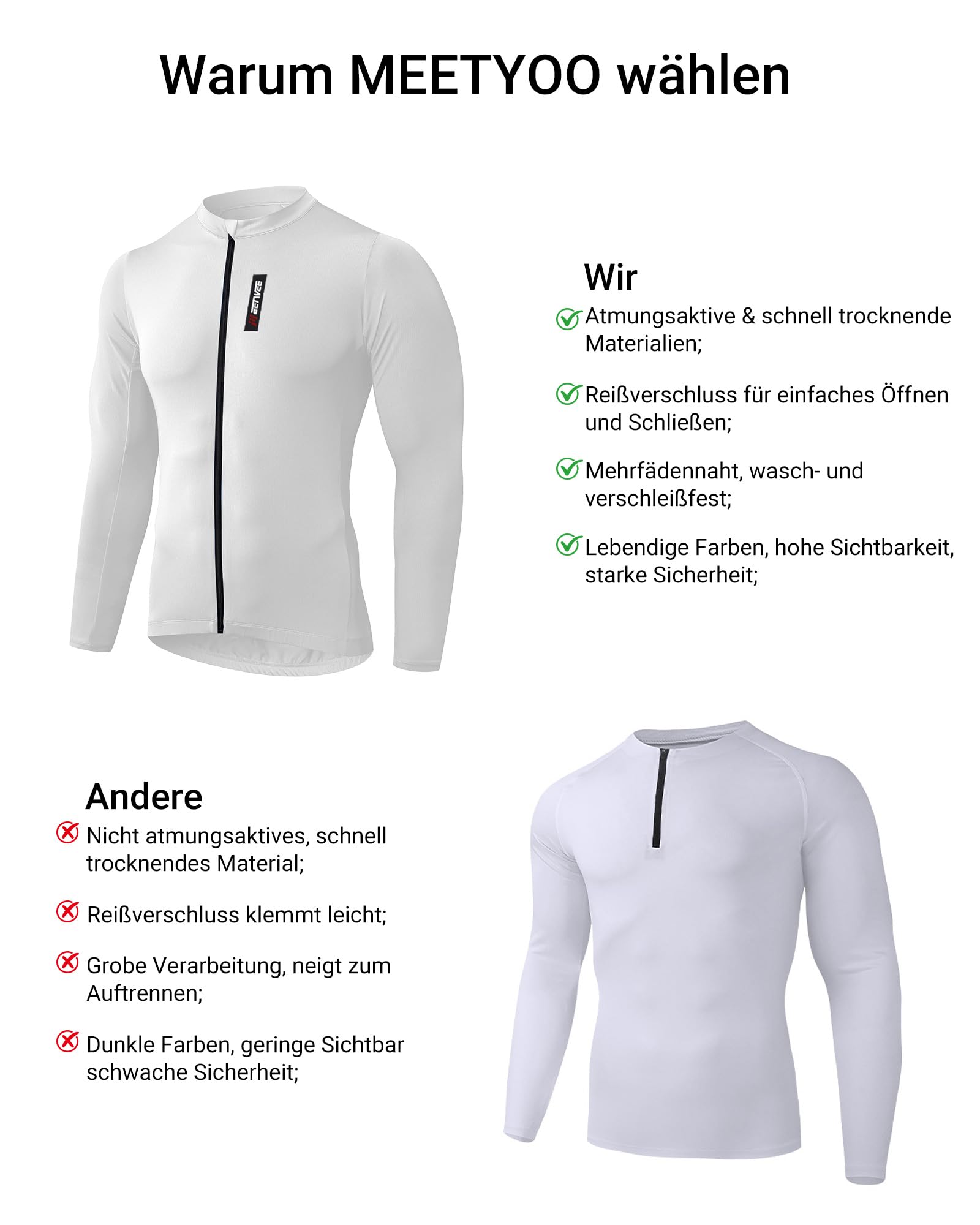MEETYOO Maillot de Cyclisme à Manches Courtes et à Manches Longues pour Homme, Respirant, léger, séchage Rapide, avec Fermeture éclair Facile à Ouvrir et 3 Poches arrière, idéal pour Le Printemps et