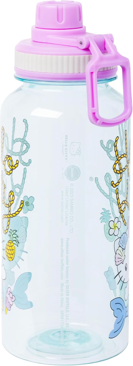 Silver Buffalo Sanrio Hello Kitty Mermaid Twist Spout Plastic Bottle with Sticker Set, 32 Ounces