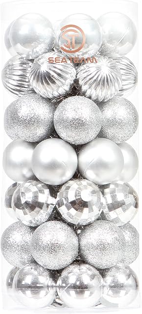Sea Team 46-Pack Christmas Ball Ornaments with Strings, 30mm/1.18" Mini Size Baubles, Shatterproof Plastic Christmas Bulbs, Hanging Decorations for Xmas Tree, Holiday, Wedding, Party, Silver